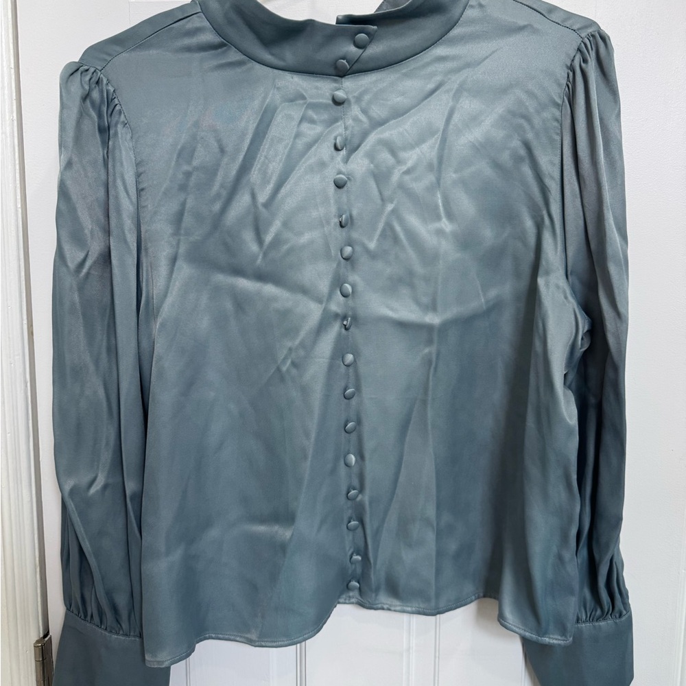 Zara Satin Teal Button-Up Blouse